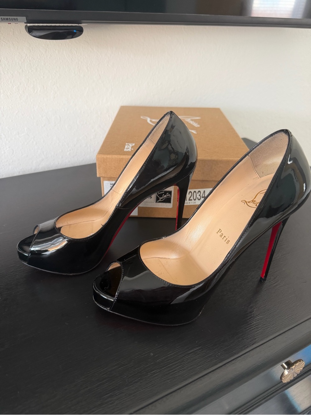 Christian Louboutin Black Patent Leather Open-Toe Pumps with Red Soles